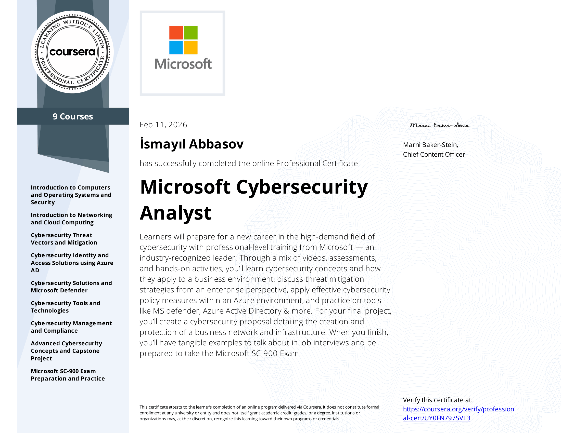 Microsoft Cybersecurity Analyst Professional Certificate